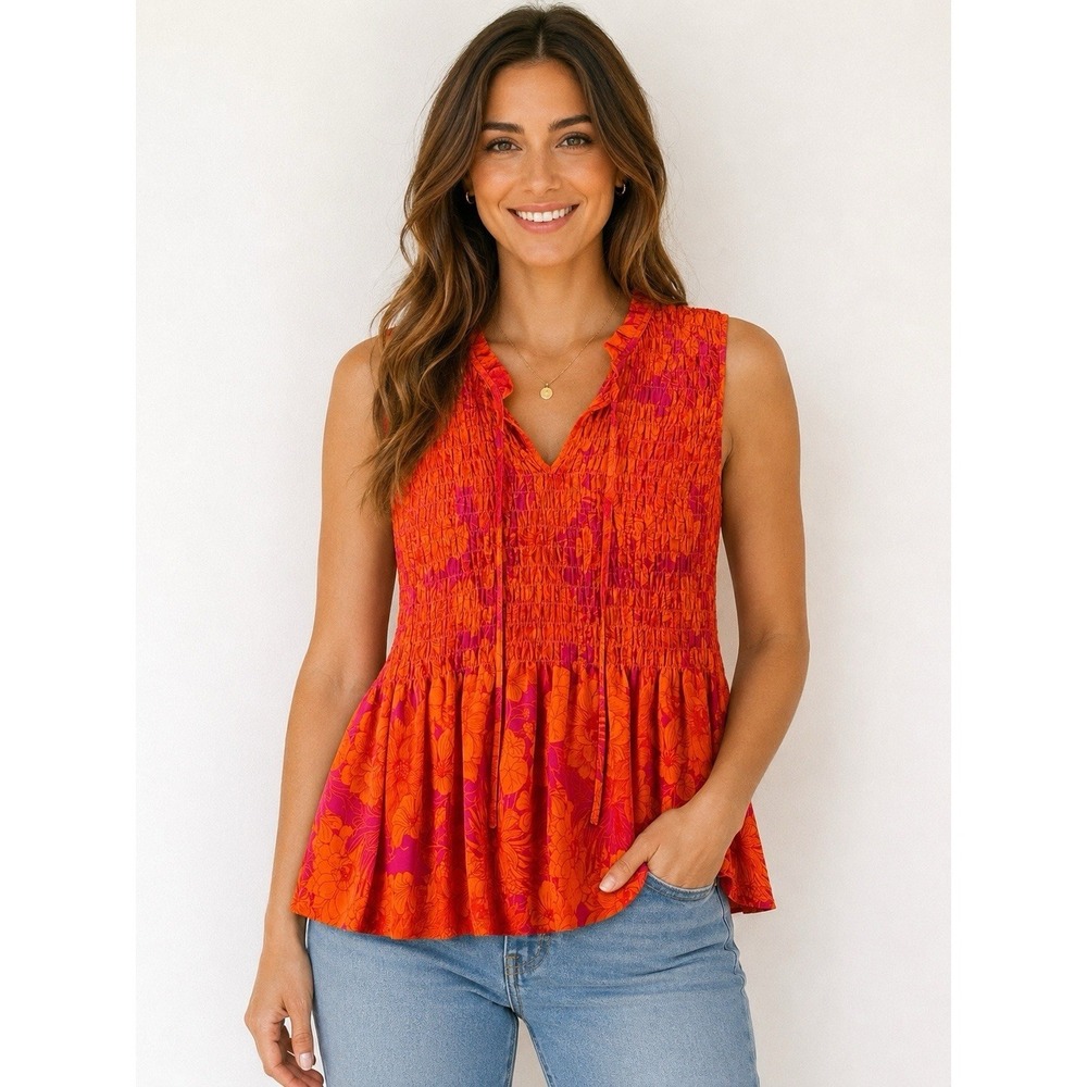 Rose & Olive Floral Smocked Blouse Womens Large Orange Pink Boho Peplum
